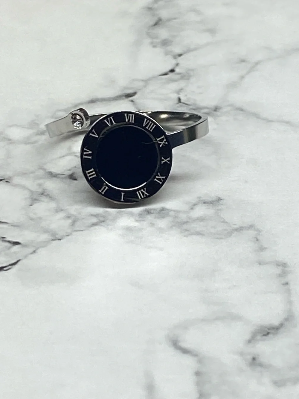 Unisex Black and Silver Roman Accent Stainless Steel Ring
